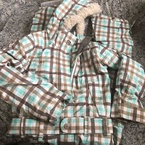 Roxy Checkered Jacket with Hood - Brown, White, Aqua